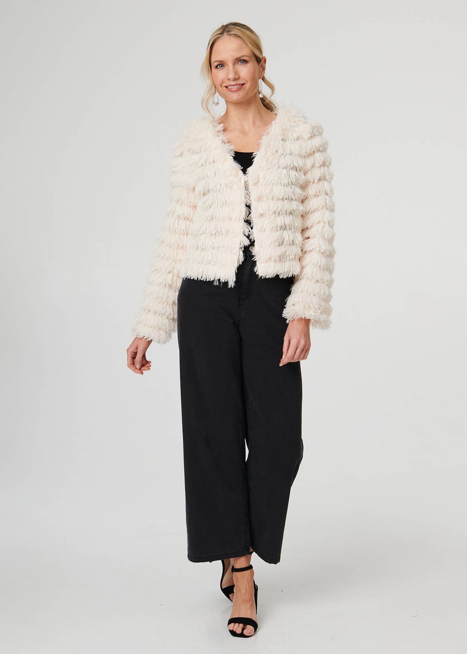 Izabel London Cream Fringed Tassel Texture Relaxed Jacket