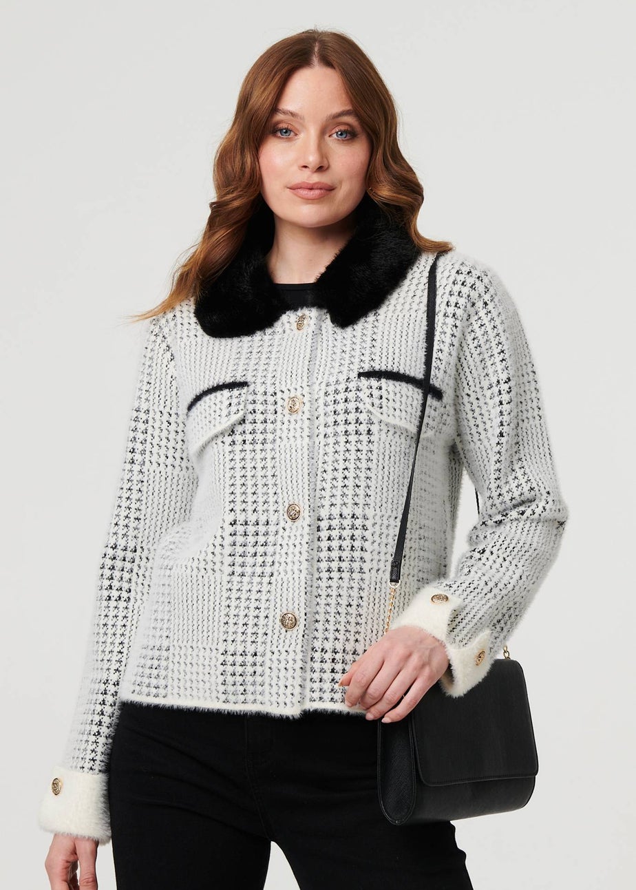 Izabel London Black Checked Faux Fur Long Sleeve Jacket