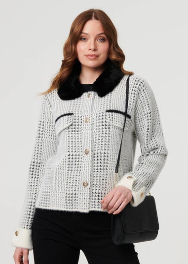 Izabel London Black Checked Faux Fur Long Sleeve Jacket