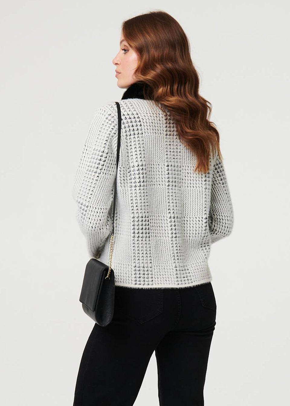 Izabel London Black Checked Faux Fur Long Sleeve Jacket