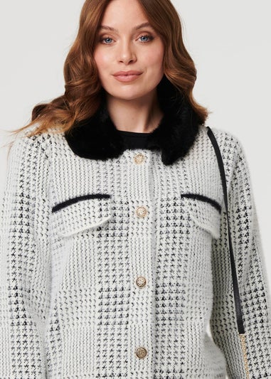 Izabel London Black Checked Faux Fur Long Sleeve Jacket