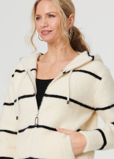Izabel London White Stripe Print Textured Hooded Jacket