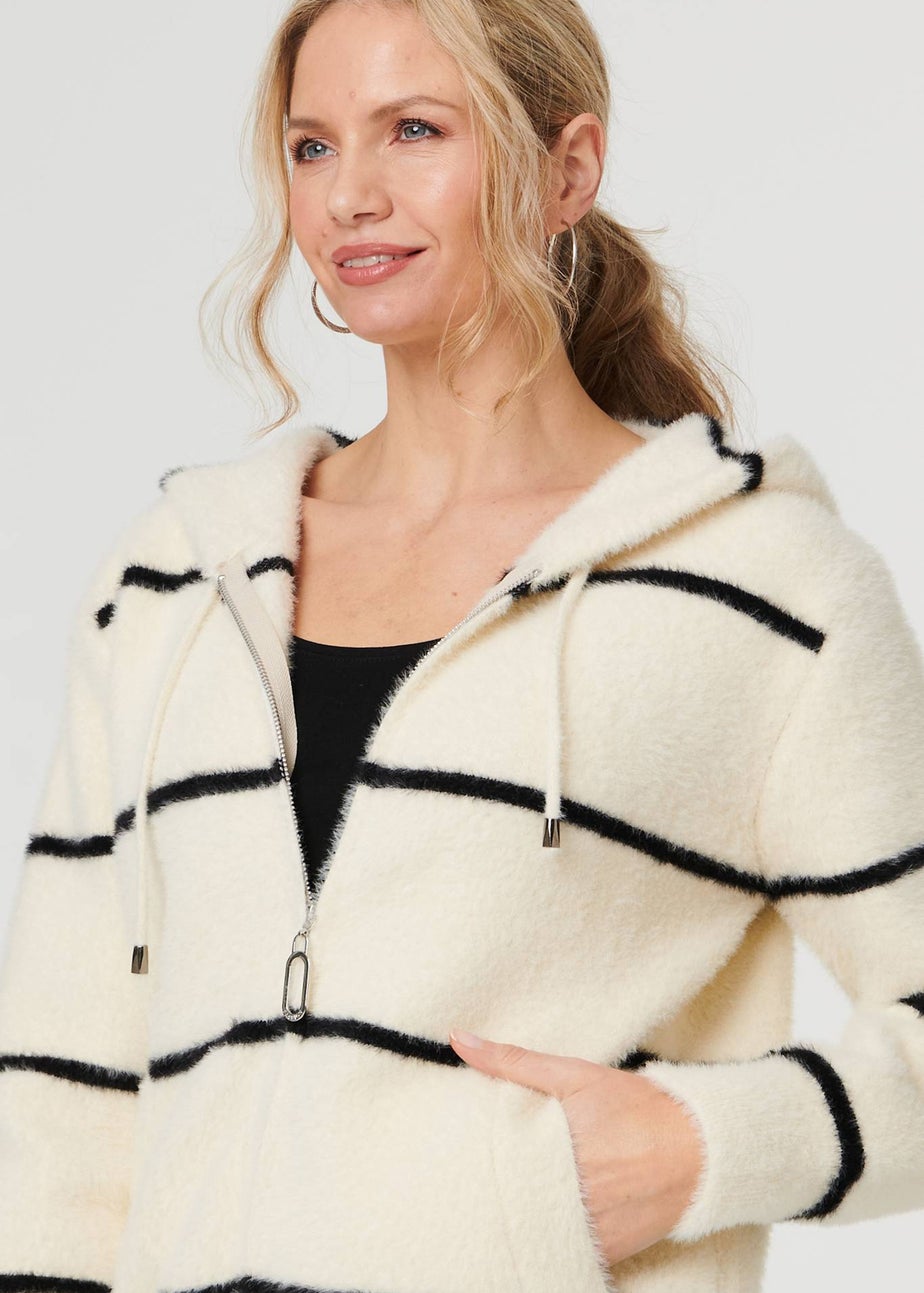 Izabel London White Stripe Print Textured Hooded Jacket