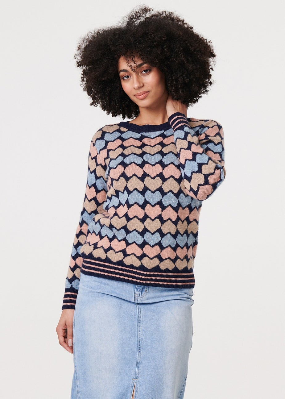 Izabel London Navy Heart Print Long Sleeve Jumper