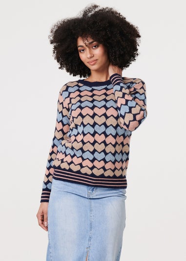 Izabel London Navy Heart Print Long Sleeve Jumper