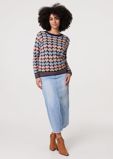 Izabel London Navy Heart Print Long Sleeve Jumper