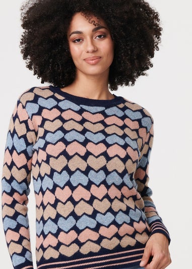 Izabel London Navy Heart Print Long Sleeve Jumper