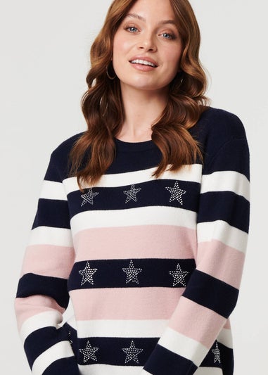 Izabel London Pink Sparkly Striped Print Curve Hem Jumper
