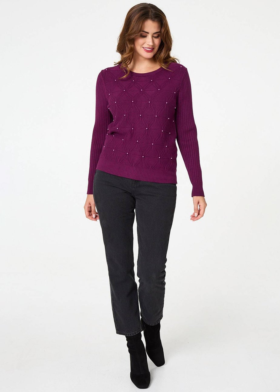 Izabel London Purple Pearl Embellished Texture Jumper