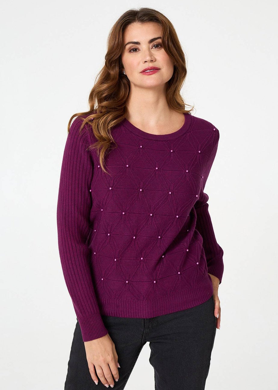 Izabel London Purple Pearl Embellished Texture Jumper