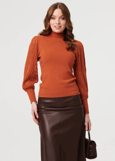Izabel London Rust High Neck Textured Long Sleeve Jumper