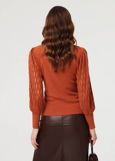 Izabel London Rust High Neck Textured Long Sleeve Jumper