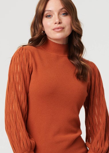 Izabel London Rust High Neck Textured Long Sleeve Jumper
