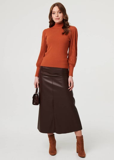 Izabel London Rust High Neck Textured Long Sleeve Jumper