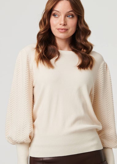 Izabel London Beige Chevron Texture Balloon Sleeve Jumper
