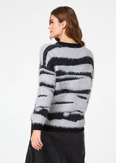 Izabel London Grey Zebra Print Textured Relaxed Jumper