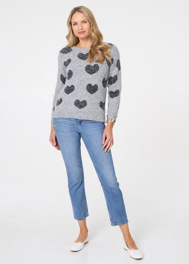 Izabel London Grey Heart Print Texture Drop Shoulder Jumper