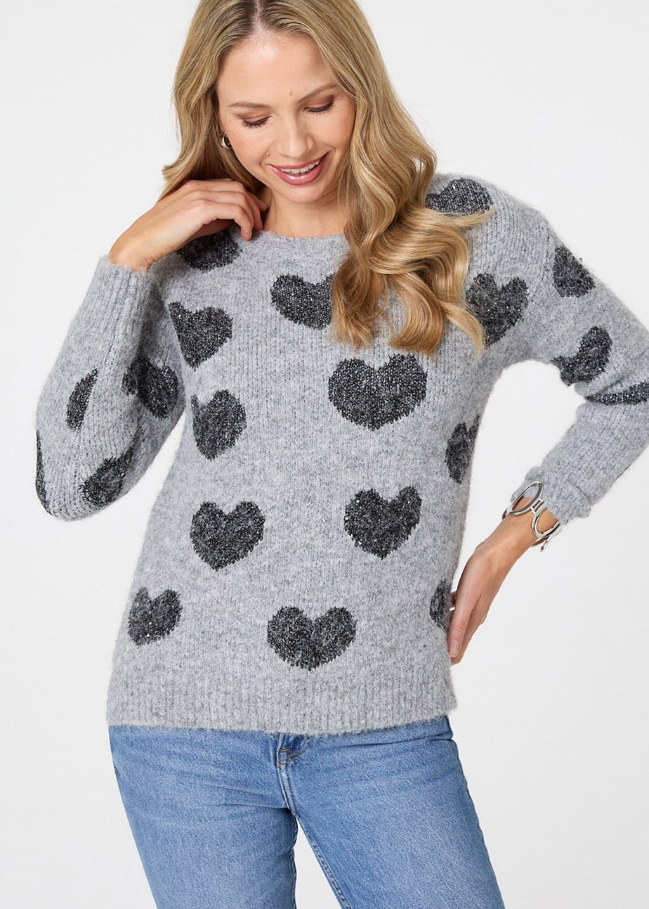 Izabel London Grey Heart Print Texture Drop Shoulder Jumper