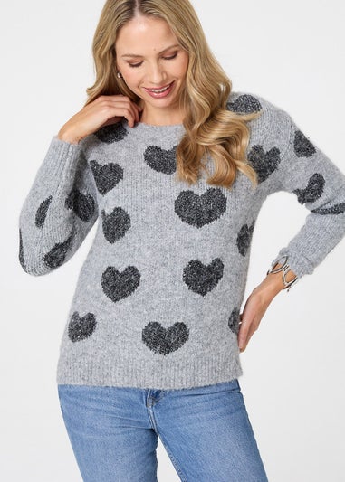 Izabel London Grey Heart Print Texture Drop Shoulder Jumper