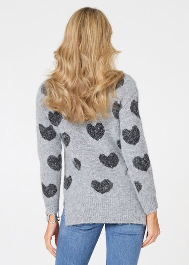 Izabel London Grey Heart Print Texture Drop Shoulder Jumper