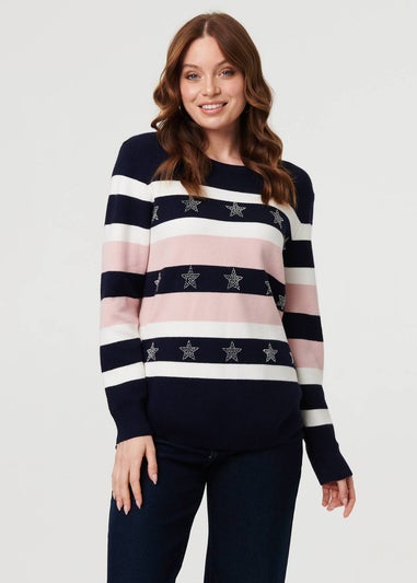 Izabel London Navy Sparkly Star Embellished Stripe Jumper