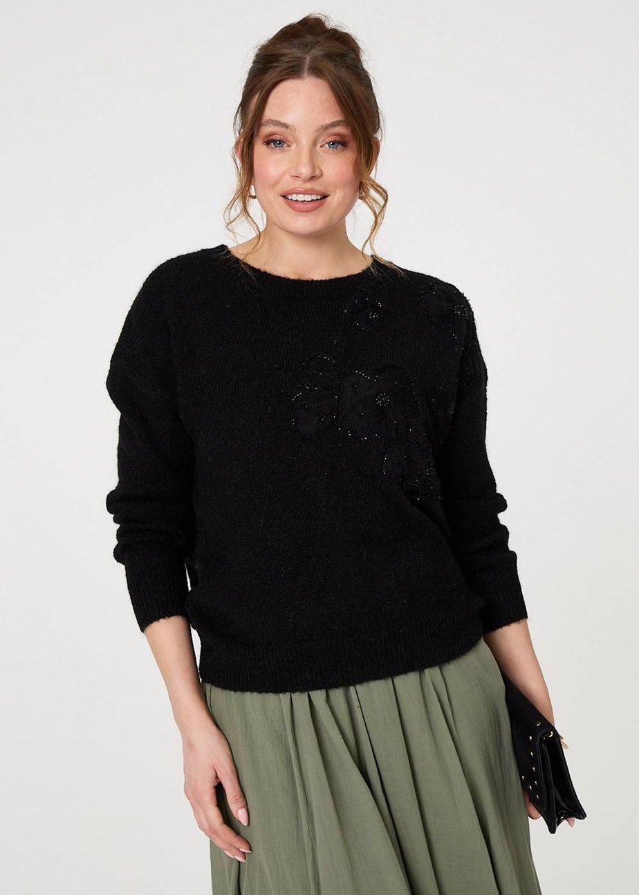 Izabel London Black Floral Embellished Relaxed Jumper