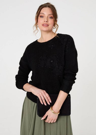 Izabel London Black Floral Embellished Relaxed Jumper