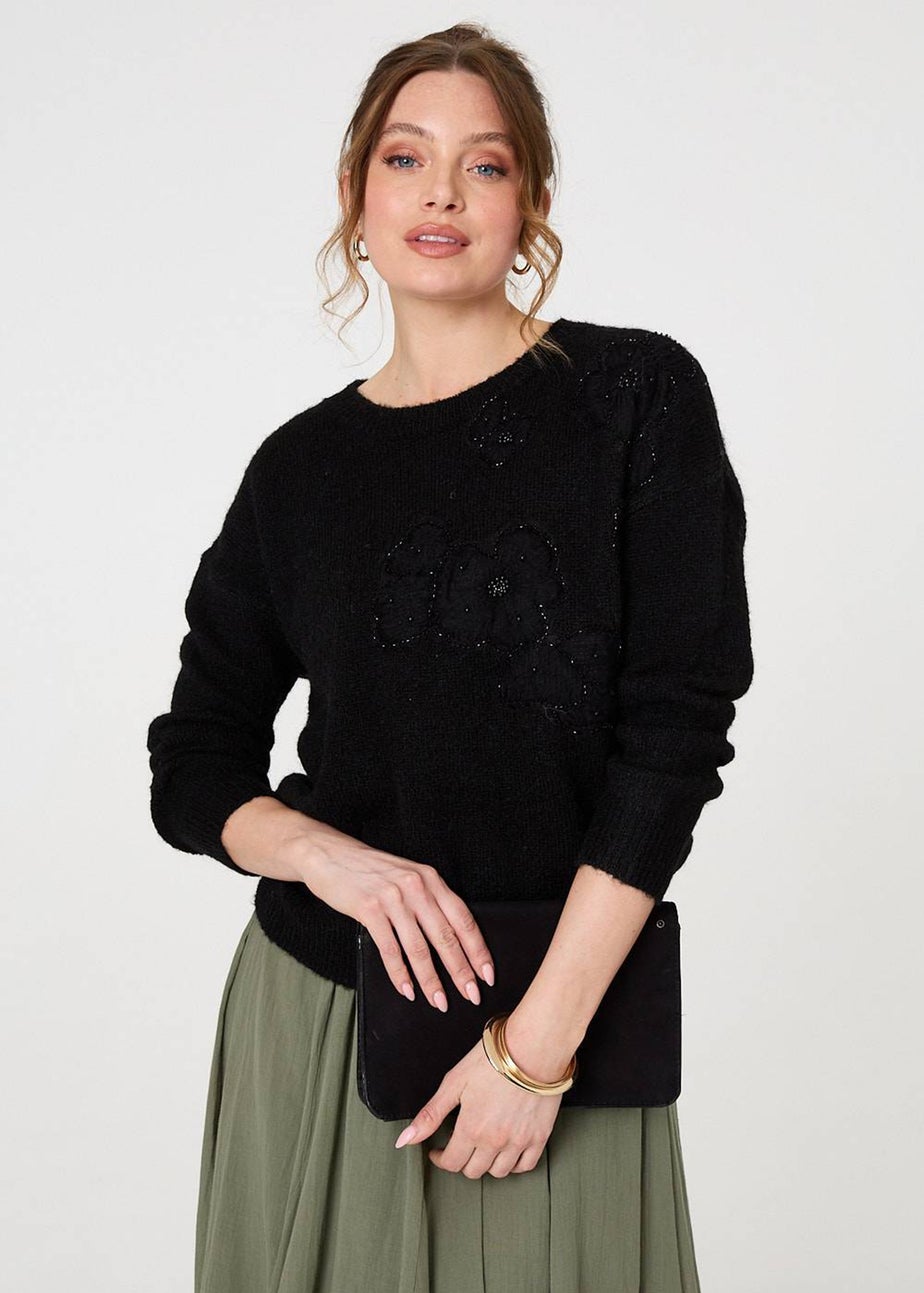 Izabel London Black Floral Embellished Relaxed Jumper