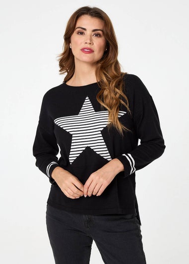 Izabel London Black Star Print Long Sleeve Relaxed Top