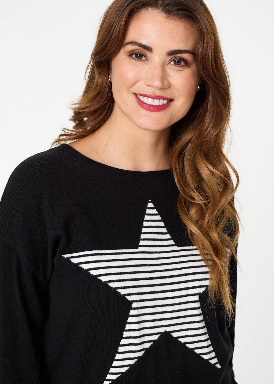 Izabel London Black Star Print Long Sleeve Relaxed Top