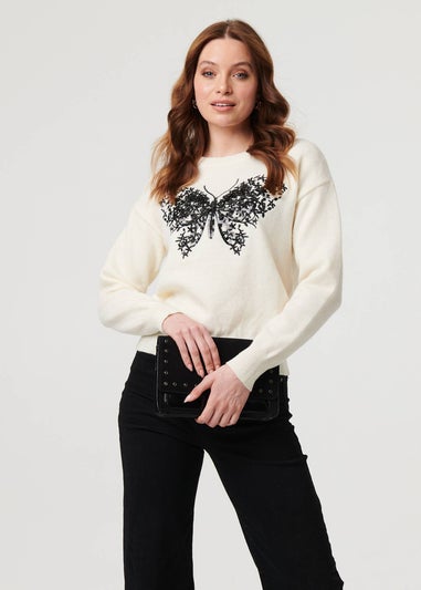 Izabel London White Sparkly Butterfly Detail Relaxed Jumper