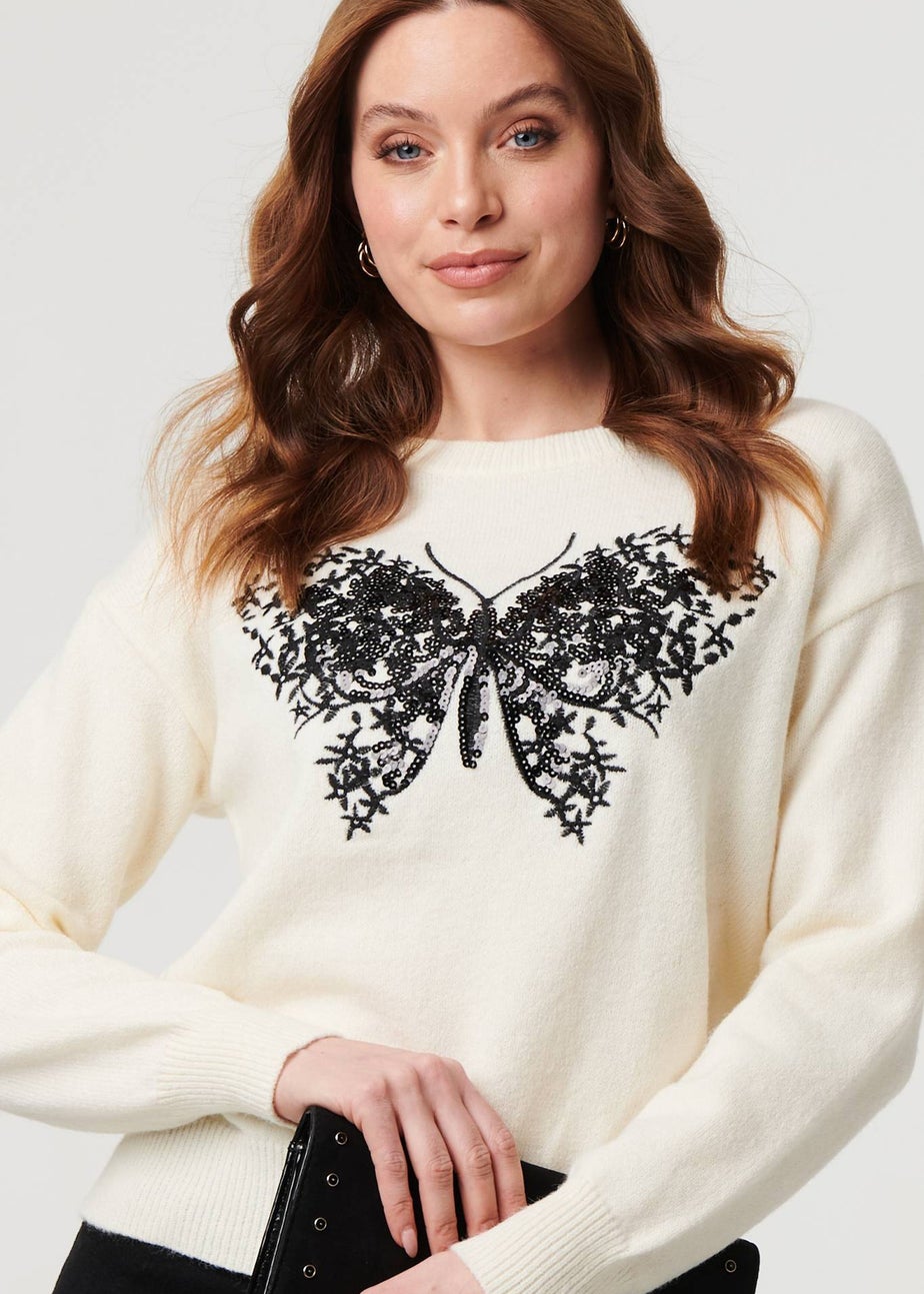 Izabel London White Sparkly Butterfly Detail Relaxed Jumper