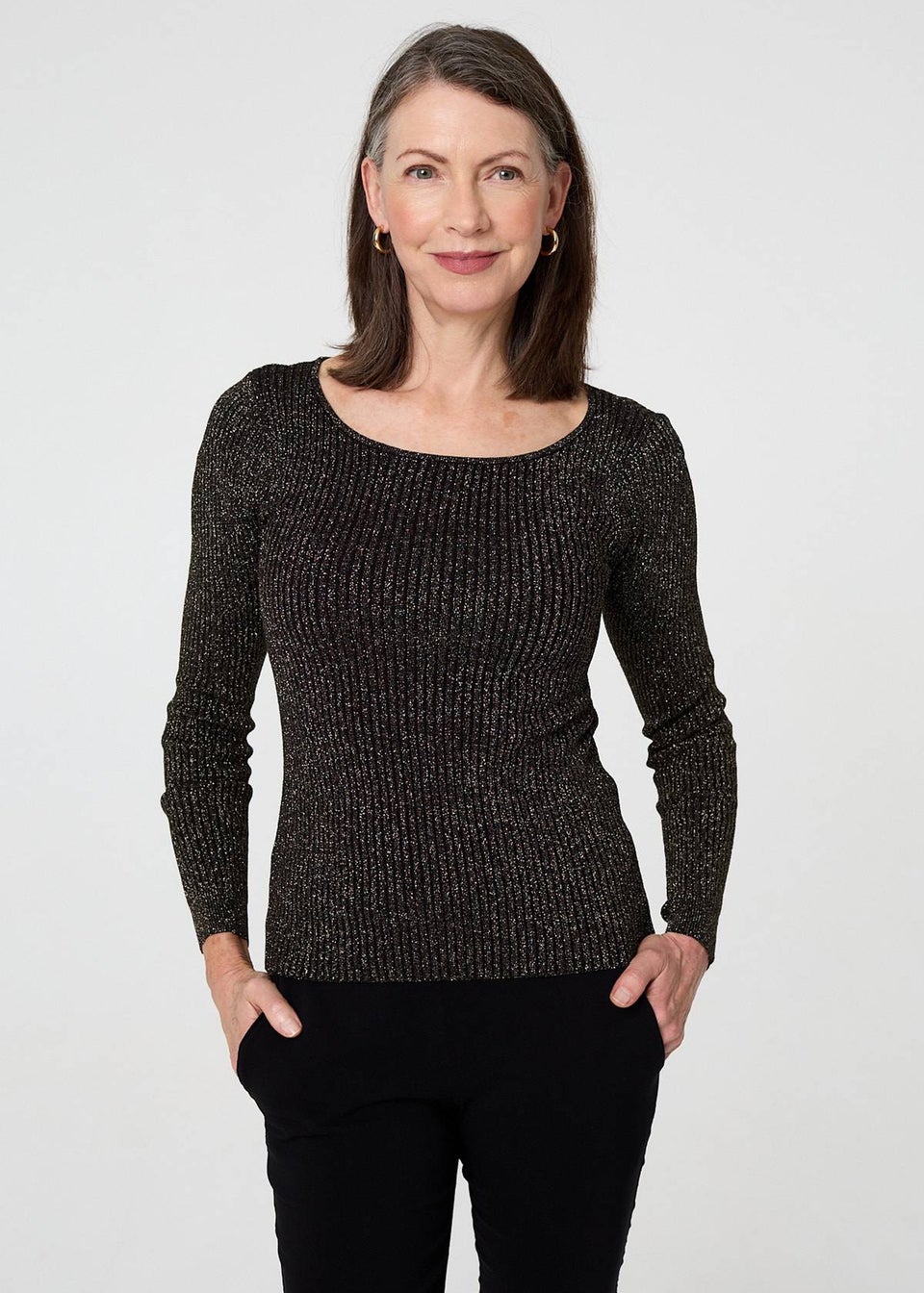 Izabel London Black Sparkly Textured Slim Fit Knit Top