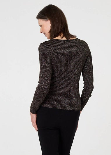 Izabel London Black Sparkly Textured Slim Fit Knit Top