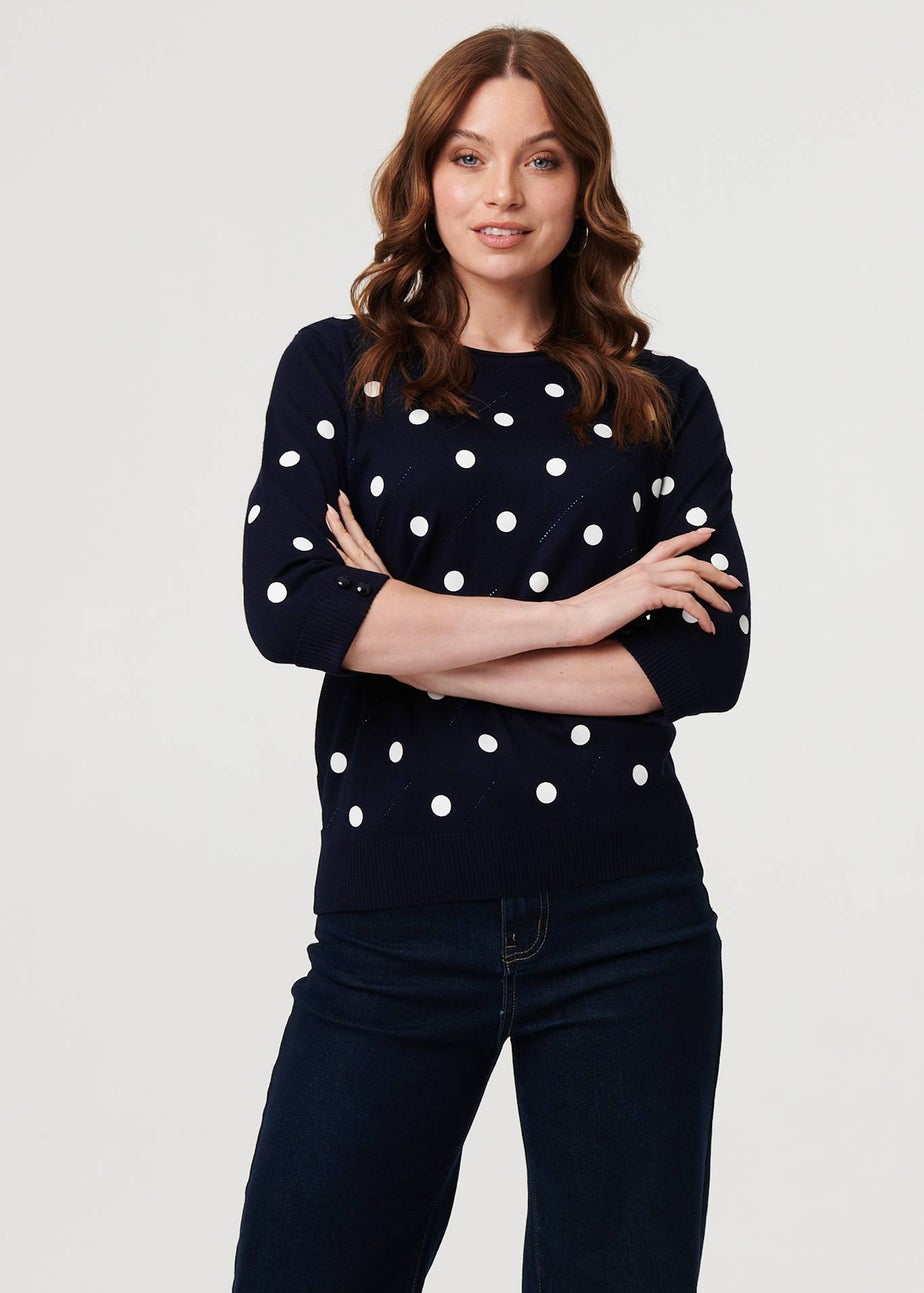 Izabel London Navy Polka Dot Print 3/4 Sleeve Slim Jumper