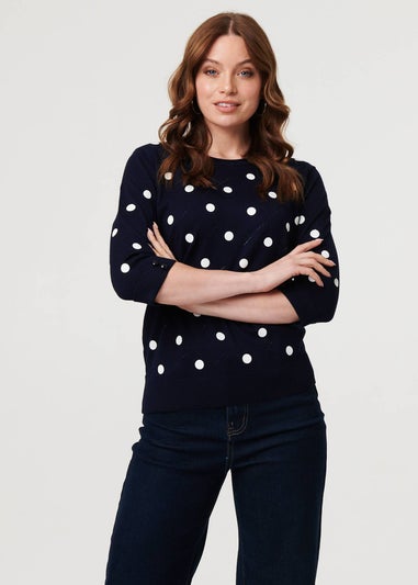 Izabel London Navy Polka Dot Print 3/4 Sleeve Slim Jumper