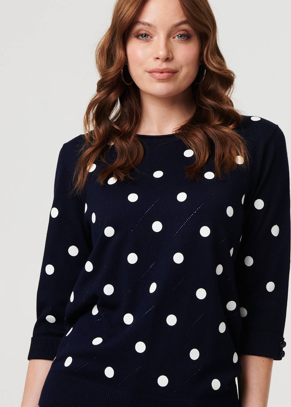 Izabel London Navy Polka Dot Print 3/4 Sleeve Slim Jumper