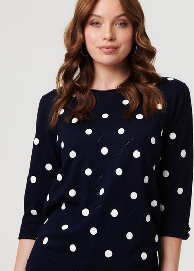 Izabel London Navy Polka Dot Print 3/4 Sleeve Slim Jumper