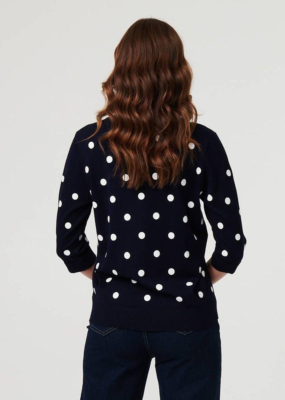 Izabel London Navy Polka Dot Print 3/4 Sleeve Slim Jumper