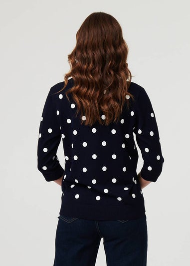 Izabel London Navy Polka Dot Print 3/4 Sleeve Slim Jumper