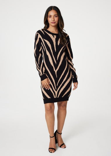 Izabel London Black Animal Print Short Knit Dress