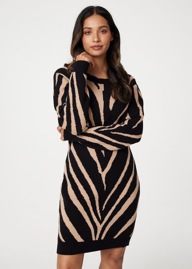 Izabel London Black Animal Print Short Knit Dress