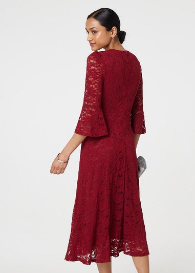 Izabel London Red Lace Semi Sheer 3/4 Flute Sleeve Midi Dress