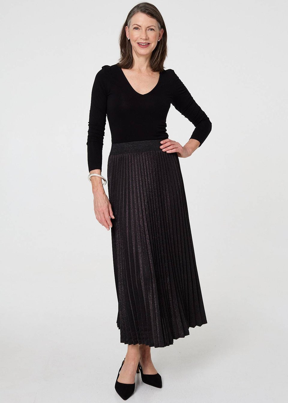 Izabel London Black Sparkly Pleated High Waist Maxi Skirt