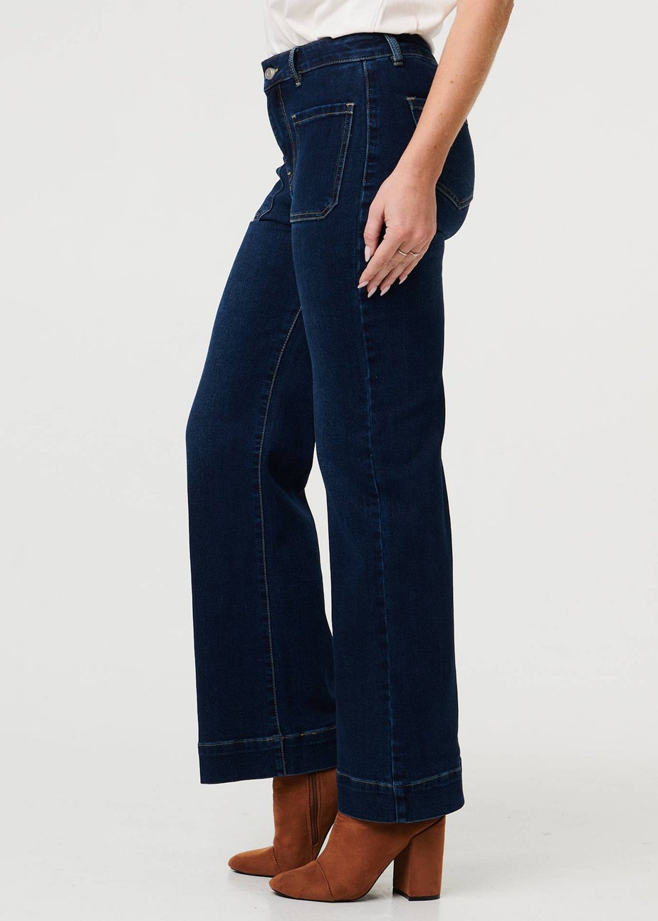 Izabel London Blue Pocket Detail High Waist Wide Jeans