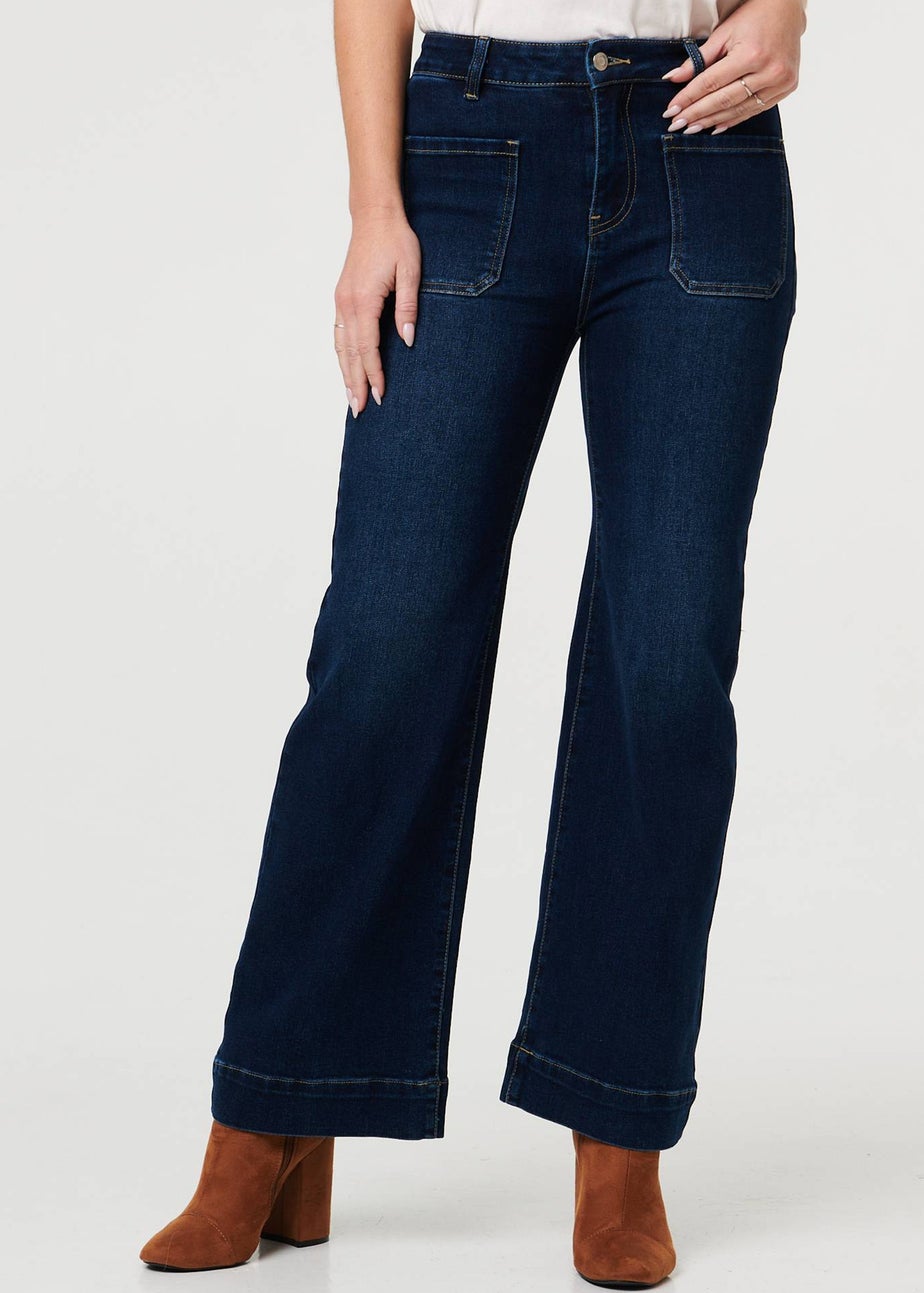 Izabel London Blue Pocket Detail High Waist Wide Jeans