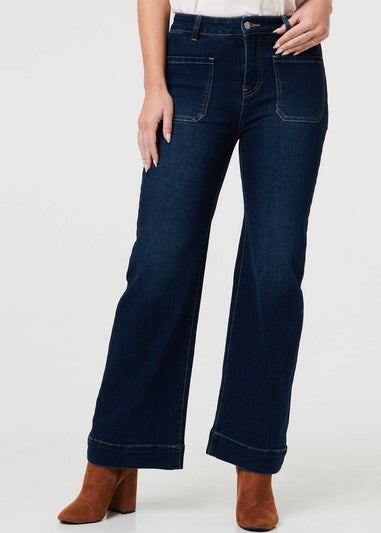 Izabel London Blue Pocket Detail High Waist Wide Jeans