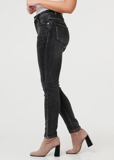 Izabel London Black High Waist Washed Texture Slim Jeans
