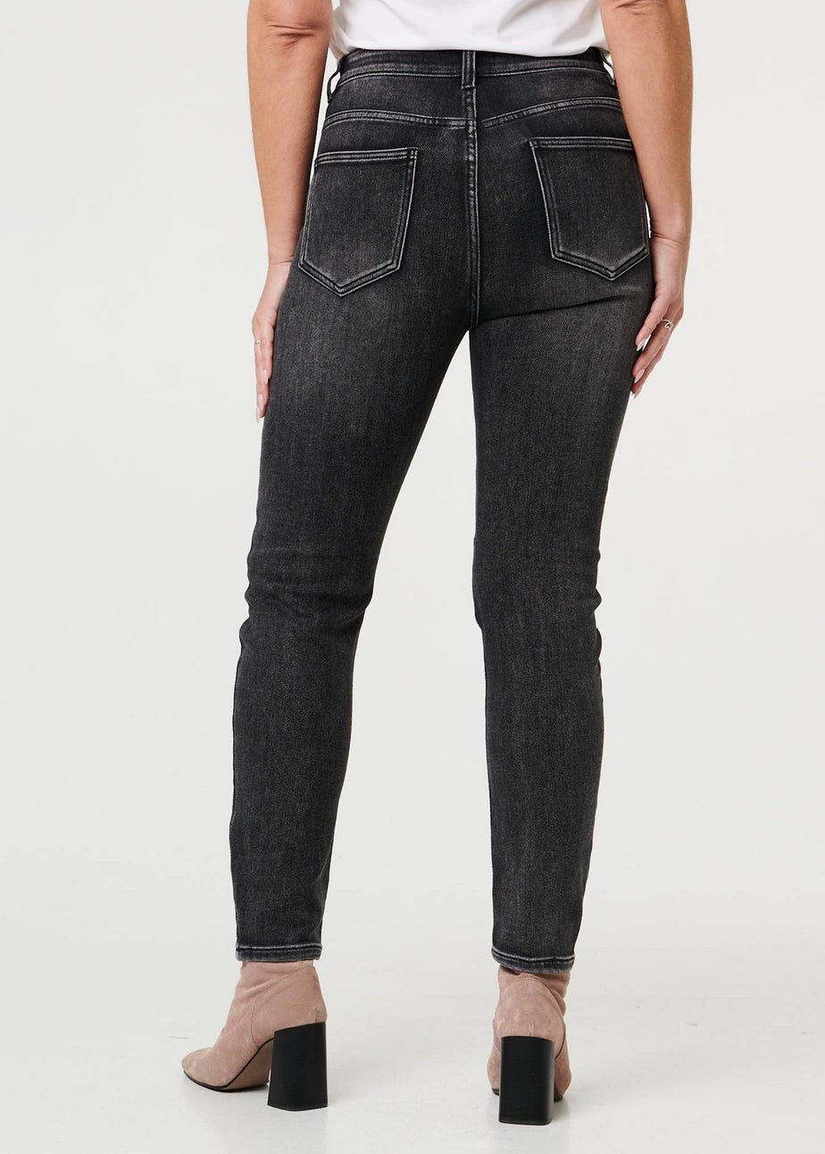 Izabel London Black High Waist Washed Texture Slim Jeans