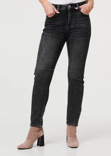 Izabel London Black High Waist Washed Texture Slim Jeans